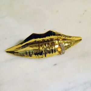 Gold Lip-Shaped Brooch with Silver Accents